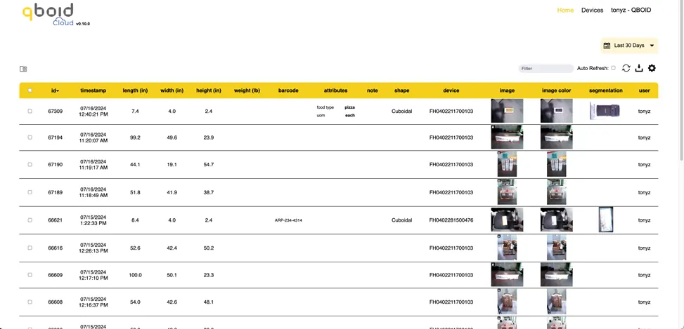 QBOID Cloud table of scan records with dimensions, timestamps and photos