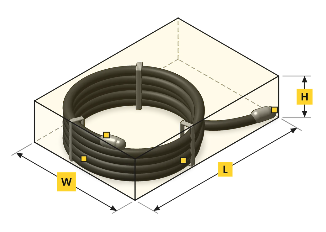 A garden hose, coiled and tied, lying on a surface inside a yellow box. The box's sides touch the coil, the coupling at the end of the hose that runs out to one side and the coupling on top of the coil. L and W run along the surface, H rises from the surface.