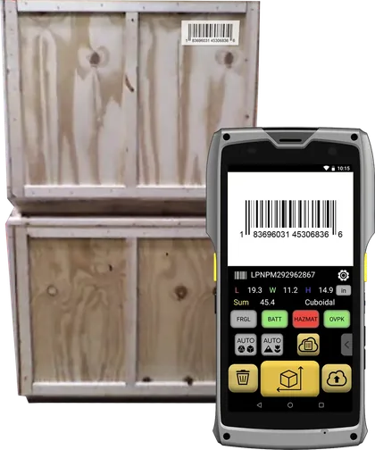 Barcode label on a wooden crate, with the M2 screen showing the scanned ID