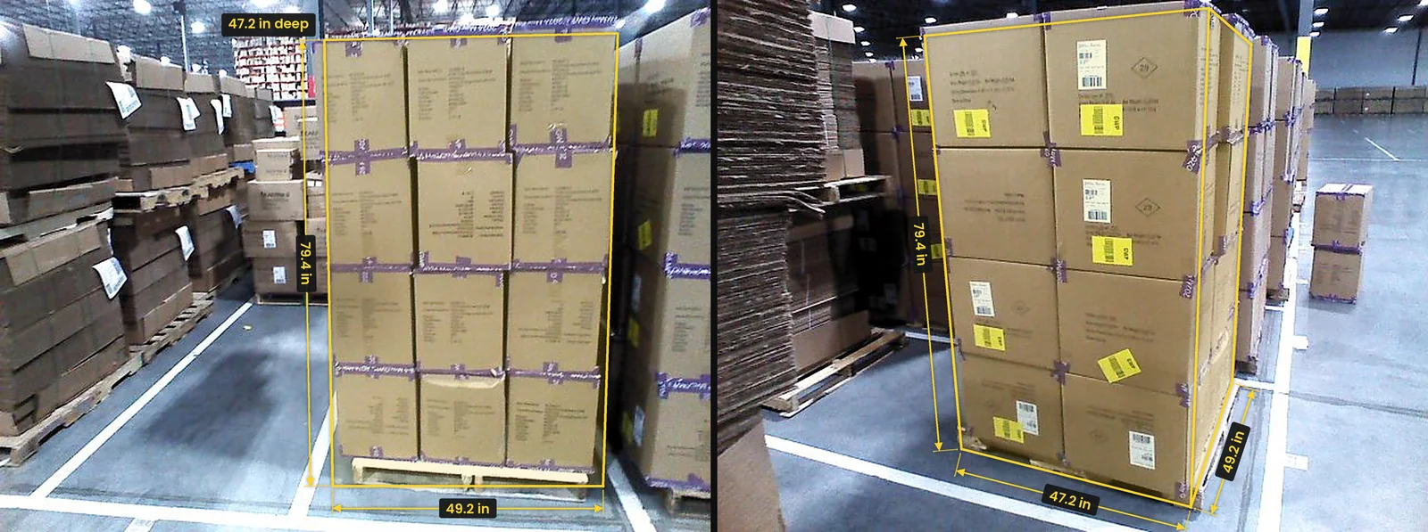 Two photos of one pallet of cartons, front and corner, each inside a yellow box marked 49.2 × 47.2 × 79.4 in