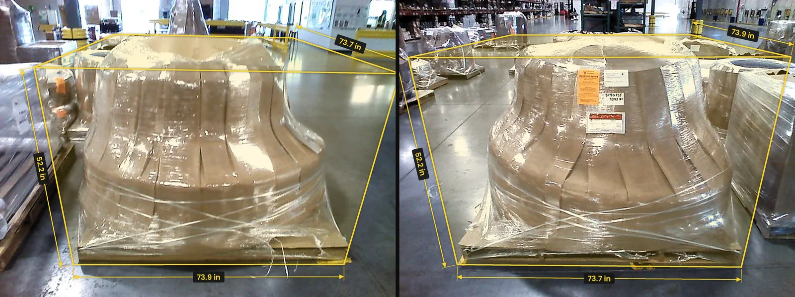 Two photos of a wrapped dome-shaped load on a pallet, from two sides, each inside a yellow box marked 73.9 in by 73.7 in by 52.2 in