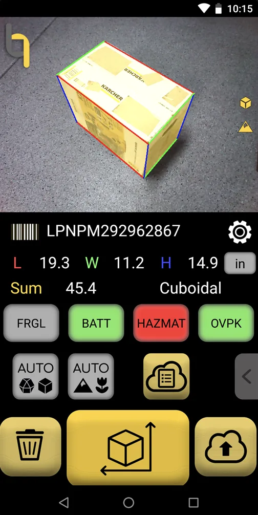 Item & Parcel app screen after a scan: a carton with its measured box outlined, barcode LPNPM292962867, L 19.3, W 11.2, H 14.9 in, Sum 45.4, Cuboidal, the custom keys FRGL, BATT, HAZMAT and OVPK, and the delete, measure and upload keys