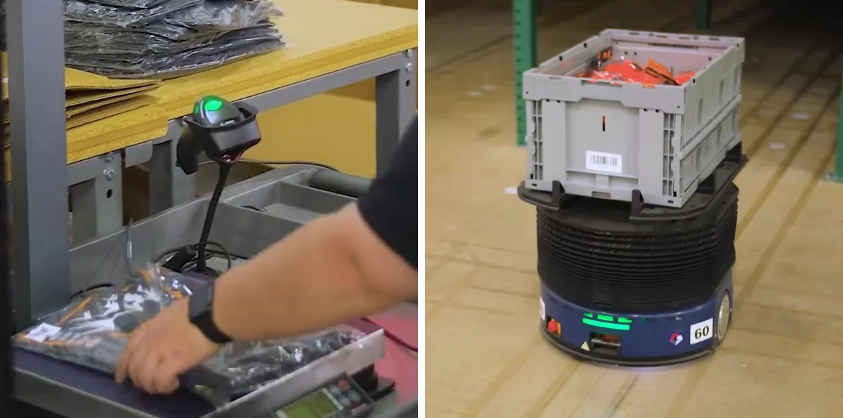 Two frames from the Weby Corp video. Left: an associate's hand placing a bagged item on the S1 scale, next to the S1 mast and a barcode scanner. Right: one of Weby's warehouse robots carrying a tote of items along an aisle