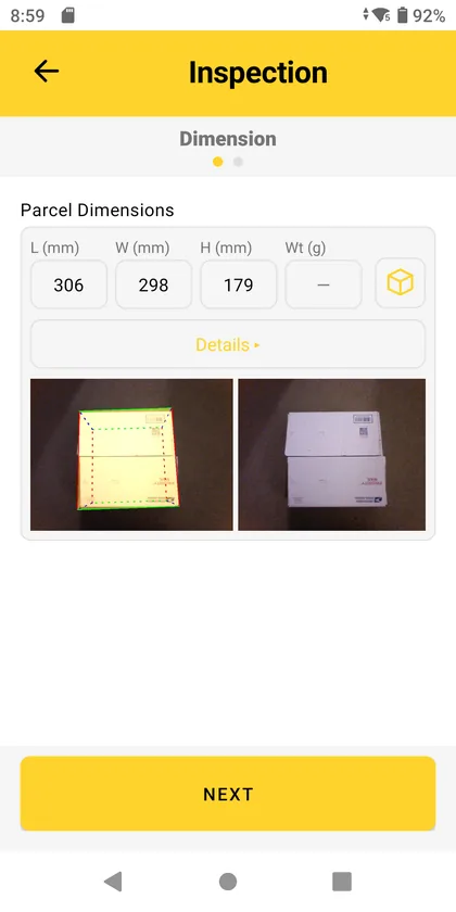 WorkFlows Inspection app, step 1 of 2: parcel dimensions 306 × 298 × 179 mm from the Item & Parcel app, with the annotated and plain photos, and Next