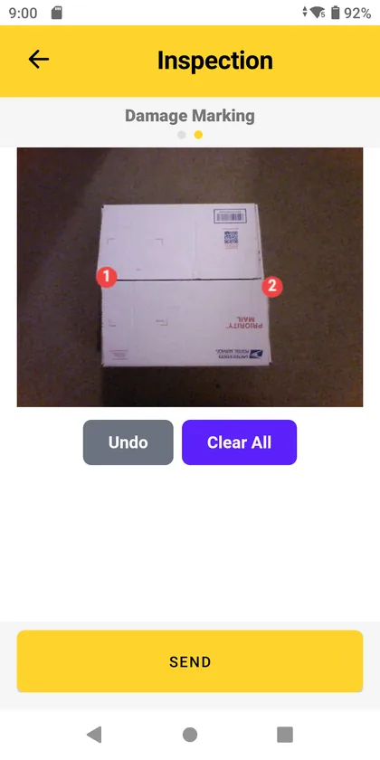 WorkFlows Inspection app, step 2 of 2: Damage Marking, the parcel photo with two numbered red markers on damaged corners, Undo, Clear All and Send