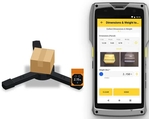 Drawing of a portable scale weighing a carton, beside the M2 running a WorkFlows app with the weight, 2.150 lb, next to the parcel dimensions