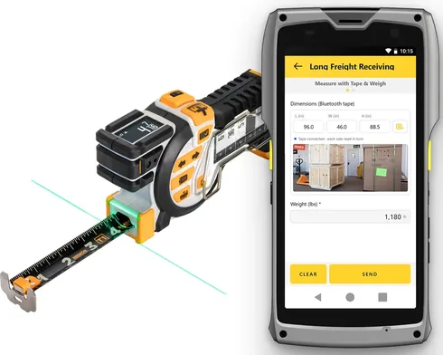 A Bluetooth tape measure beside the M2 running a WorkFlows long-freight app: dimensions from the tape, a photo of the crates and the weight, with Clear and Send